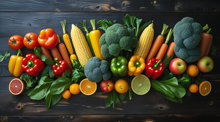 Colorful assortment of fresh fruits and vegetables on wooden table
