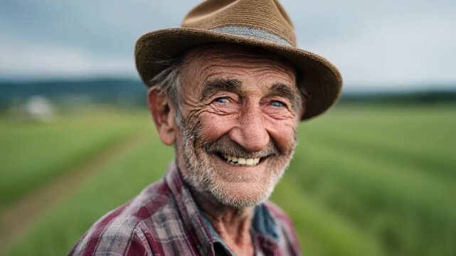Smiling Old Farmer: A weathered farmer, his face etched with the stories of time and toil, beams with a warm, genuine smile, his eyes sparkling with a lifetime of experience and contentment.