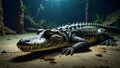 Obraz premium A caiman rests on sandy terrain, bathed in a diffused underwater light. The reptile's scales and teeth are visible, in a natural habitat