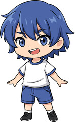 Cute Anime Boy Character Chibi Style Smiling – Blue Hair Cartoon Kid Isolated on Transparent Background Vector