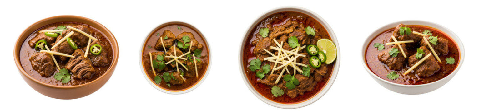 Four bowls of haleem garnished with ginger, cilantro, and peppers on a plane colored surface on transparent background
