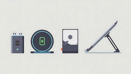 Tech Assortment: A curated collection of tech devices is neatly arranged. Each piece, from the sleek tablet and wireless charger to the external hard drive and USB hub, showcasing modern technology