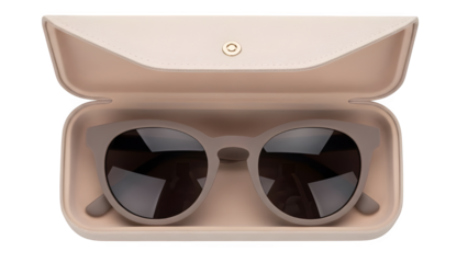 Top View of Modern Beige Cat-Eye Sunglasses in an Open Pink Case