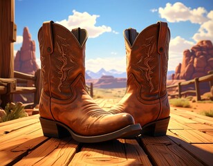 Pair of brown leather cowboy boots on a wooden deck with a desert backdrop