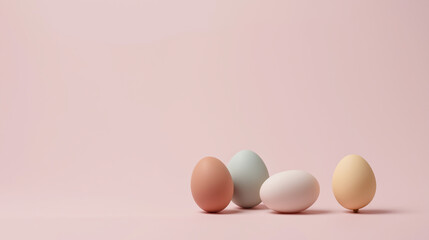 Fototapeta premium Four colorful pastel eggs on a pink background suitable for easter, spring, food, holiday, celebration, and festive designs and projects.