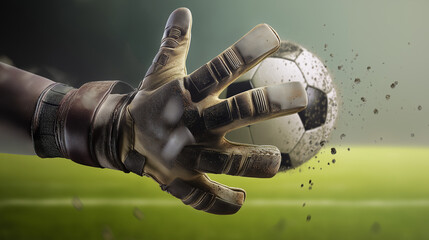 Gloved hand blocking soccer ball with dirt suitable for sports blogs, soccer event promotions, sports gear advertisements, athletic websites.