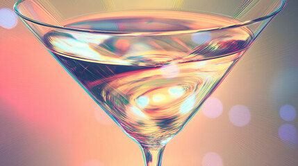 Brightly lit martini glass shows liquid swirling in abstract colors. Ideal for cocktail bars, party invitations, and social media graphics. Captures the dynamic essence of a vibrant nightlife 