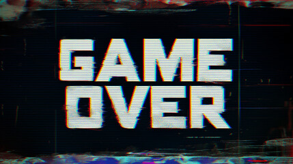 Large game over glitching white letters suitable for game over screens or gaming related content. Dynamic, striking, and eye catching design element.