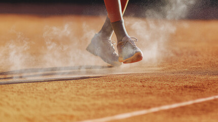 Tennis players shoes kick dust on red clay court. Suitable for sports blogs, social media posts, tennis related advertisements, athletic websites.
