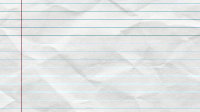 Blank crumpled lined notebook paper texture animated in stop motion style. Handmade wrinkled paper background for creative motion design and transitions.