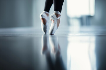 Ballerinas feet en pointe in white ballet shoes. Suitable for dance, performance, elegance, grace, ballet, and art themed designs.