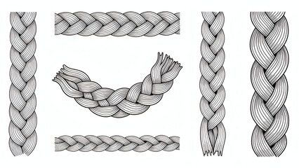 Plaits and braids pattern brushes. Knitting, braided ropes vector isolated collection