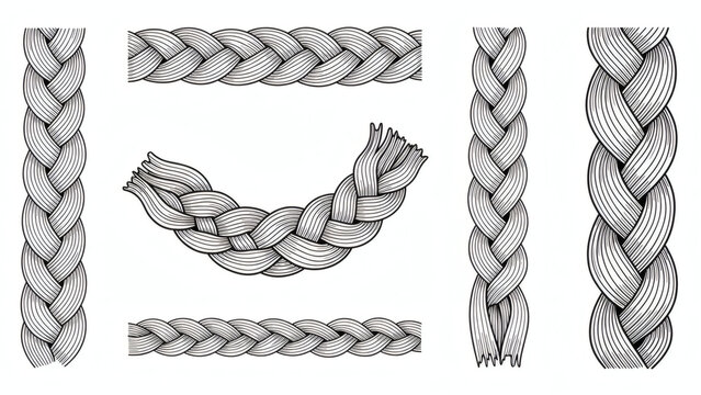 Plaits and braids pattern brushes. Knitting, braided ropes vector isolated collection