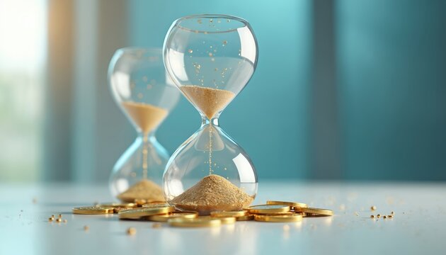 Hourglass with falling sand and gold coins. Time is money, limited resources, financial crisis, business downturn concept. Deadline, wealth management, corporate challenge visual metaphor.