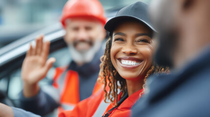 Fototapeta premium A cheerful worker in uniform waves from a vehicle, showcasing teamwork and positivity in the workplace.