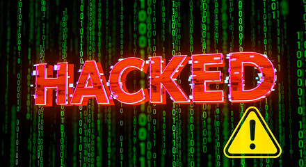 3d illustration hacked text red glitch effect yellow warning sign binary matrix code background cyber security crime data breach alert