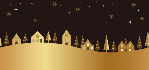 Seamless Winter Townscape With Starry Sky, Snowflakes, And Text Space. Vector Illustration. Horizontally Repeatable.