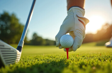 Golfer in white glove places ball on red tee. Club rests on green grass. Bright sun shines on fairway. Gentle breeze stirs trees in background. Outdoor sport.