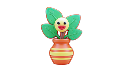 Cartoon Flower with Face in a Pot on White Background