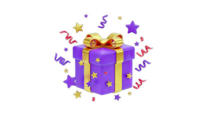 Gift Box with Confetti and Stars on White Background