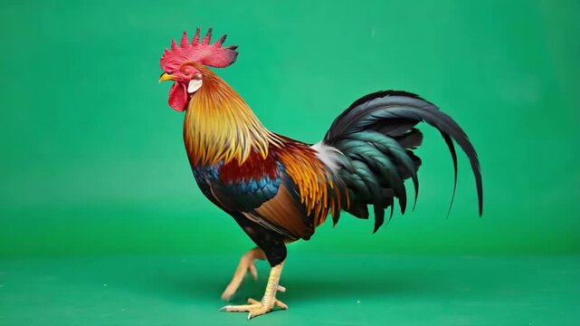 A colorful rooster standing against a solid green background in a studio setting today chicken green screen video