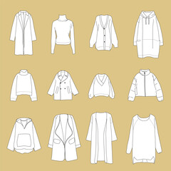 Set warm winter clothes. women seasonal cloth fashion coat, sweater, jacket. isolated on cream background. Vector illustration