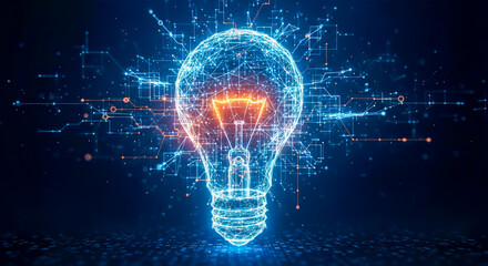 Digital lightbulb concept, technology innovation, bright idea, plexus network background, global connection, futuristic energy, creative solution, glowing wireframe