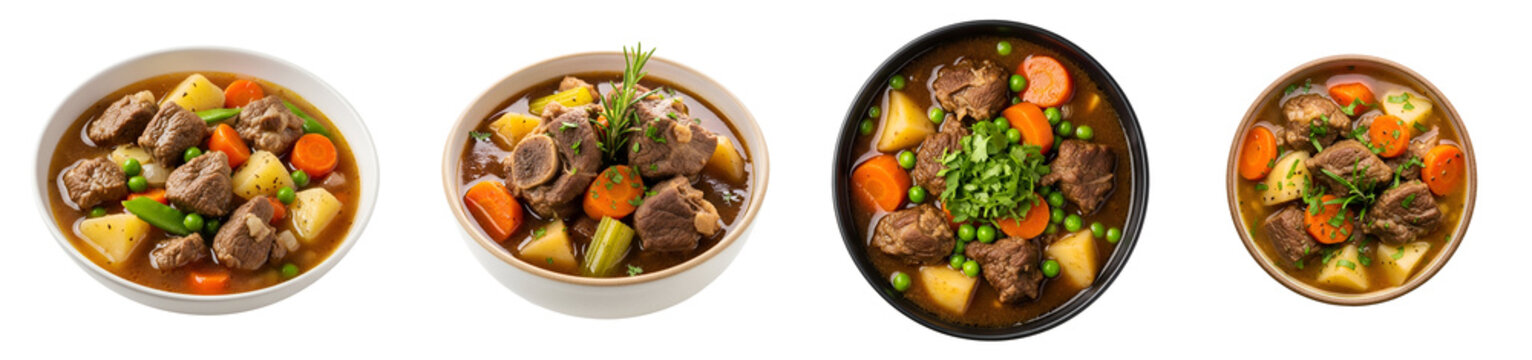 Four bowls of hearty beef stew with vegetables and herbs in various serving dishes aligned neatly on transparent background