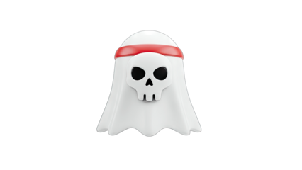 Cartoon Ghost with Skull and Red Headband on White Background