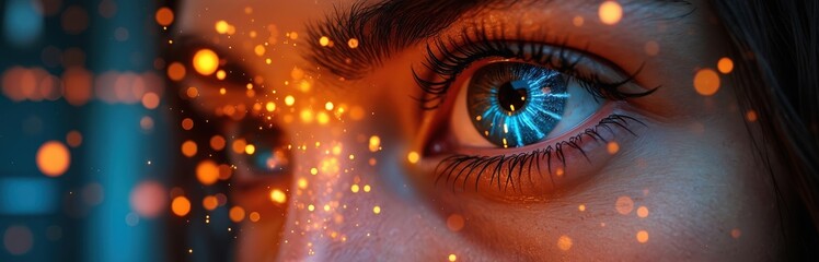 Abstract digital eye visualizes ai and cyber security concepts. Blue glowing iris reflects data streams, network connections, and future tech ideas. Orange light particles swirl around.