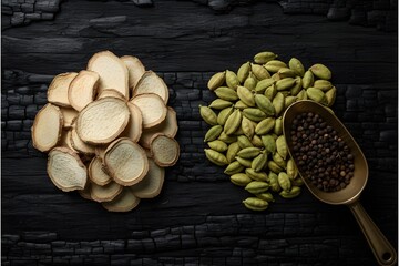 Dried Ginger Slices and Cardamom Pods Flat Lay