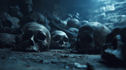 Dark ominous chamber filled with scattered human skulls, dramatic shadows and eerie atmosphere, symbolizing death, fear, and mystery.