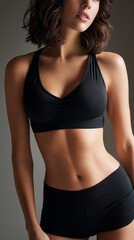 Obraz premium Young woman in black sports bra and shorts showing toned body and smooth skin with soft lighting