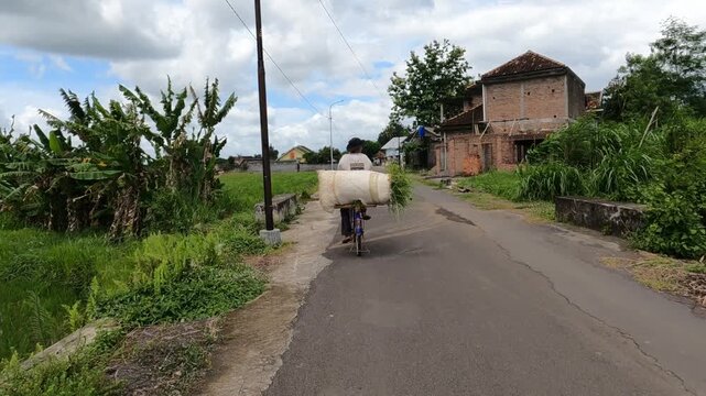 POV Motorcycle Riding: Java, Indonesia, South East Asia: farmer riding ole bike in the countryside