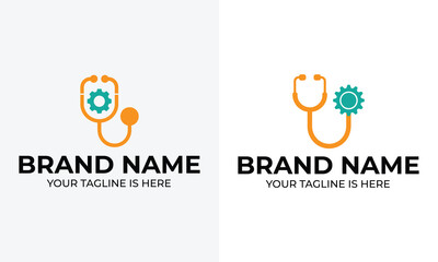 Orange stethoscope with teal gear logo on white background two variations medical healthcare