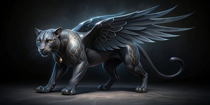 Majestic Dark Panther with Ornate Wings, a Fantasy Creature of Mythical Grace and Power