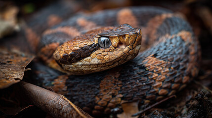 Fototapeta premium Close up of a coiled snake with detailed scales and intense gaze, highlighting texture, pattern, and natural wildlife beauty.