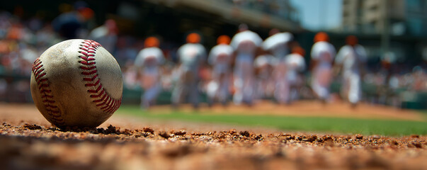 Baseball on dirt field with players in background during game