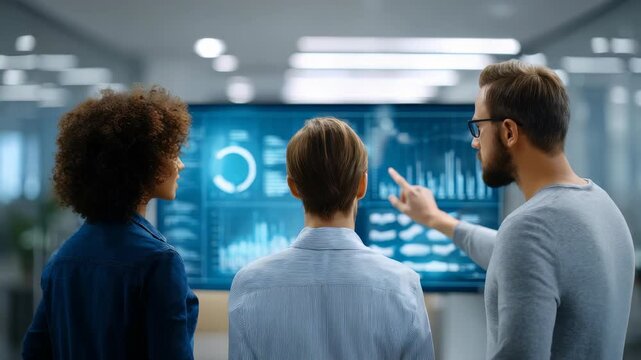 A team of coworkers discusses financial graphs and statistics displayed on a futuristic monitor in a bright workspace. The group focuses on teamwork, innovation, and data driven decision making