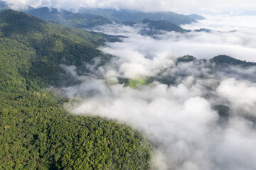 Landscape of Morning Mist with Mountain Layer. mountain ridge and clouds in rural jungle bush forest