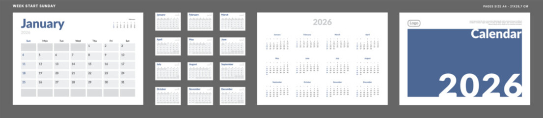 2026 Calendar Planner Set of Template Monthly Page, Cover with Place for Photo, Company Logo, Annual 2026. Vector layout of wall or desk calendar with week start Sunday ready print. Pages A4-21x29.7cm