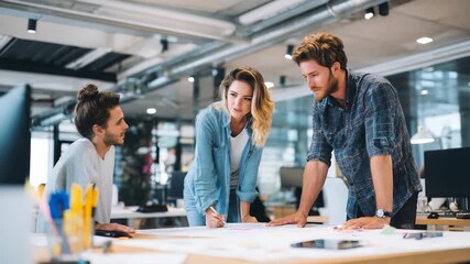 Three colleagues engage in a dynamic discussion, planning strategies and sharing insights at a stylish open plan office. Their teamwork reflects modern business trends and creative problem solving - Powered by Adobe