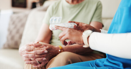 Old woman, nurse or hands on sofa with prescription, guidance or aid in treatment schedule....