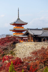 Obraz premium Sunrise over Sanjunoto pagoda and Kiyomizu-dera Temple in the autumn season, Kyoto, Japan