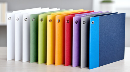Naklejka premium A colorful collection of document folders organized on a desk for effective office management and organization.