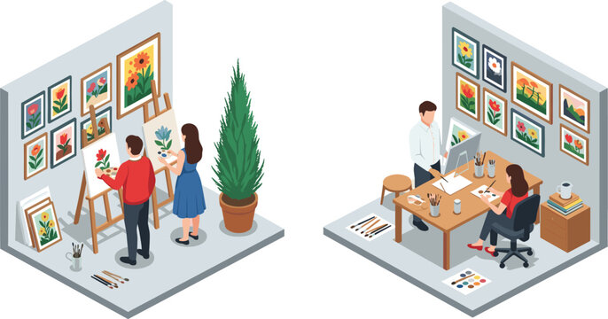 Isometric illustration of creative art studio with artists painting, drawing, and displaying framed artwork, representing artistic workflow and design collaboration