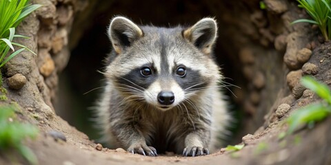 A Curious Raccoon Peeking from its Earthly Burrow, Eyes Wide with Alertness, Paws Gently Touching the Ground