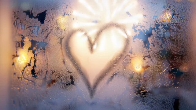 A heart shape is drawn on frosted glass, while bright fireworks light up the night sky. The view shows the joy and excitement during a city celebration filled with lights