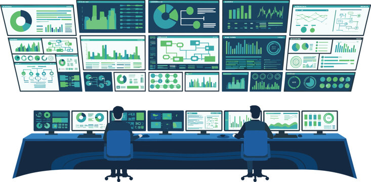 Modern control room with multi-screen data dashboards and analytics displays, visualizing real-time monitoring, business intelligence, and technology operations