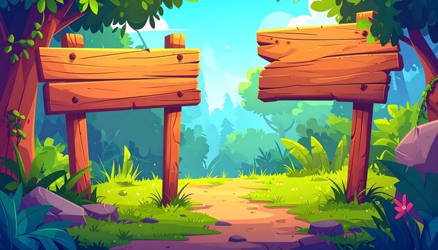 A cartoon scene, wooden signs mark a path leading into a vibrant forest. Sunlight streams through trees in this cheerful illustration